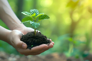 Person holds in his hands a handful of ground from which the green plant grows. The concept of greening the Earth and preserving vegetation on it.