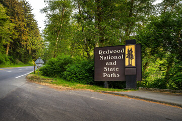 Welcome sign at the entrance to Redwood National and State Parksin California, USA