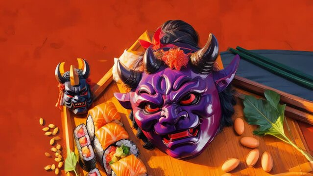 Setsubun celebration animation illustration, Setsubun Oni, Japanese Demon mask, soy beans, sushi rolls, culture, festive, Japanese tradition and culture
