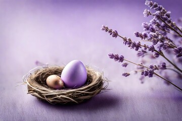 Aerial perspective of a tiny, charming Easter egg resting in a little nest on the side, against a subtle lavender background with a miniature nest in soft purple hues.