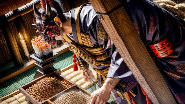 Japanese Setsubun concept animation, Setsubun Oni, Japanese Demon mask, soy beans, sushi rolls, culture, festive, Japanese tradition and culture