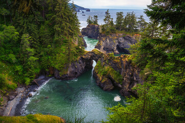 Lush greenery surrounds a natural rock arch over a coastal inlet in Samuel H. Boardman State Scenic...