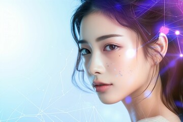 日本人女性とテクノロジーのイメージ（白背景・メタバース・アバター・VR・SNS・バーチャルリアリティ）