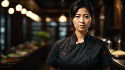 chef or waiter middle age black haired  asian female  on uniform in dark background