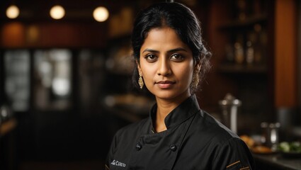 chef or waiter middle age black haired  indian female  on uniform in dark background