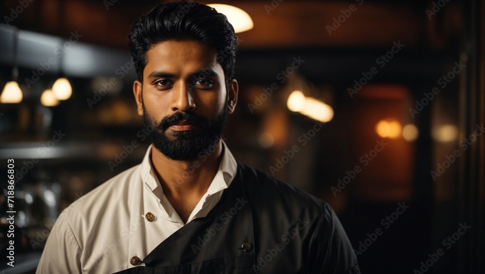 Wall mural chef or waiter young black haired indian male with beard on uniform in dark background