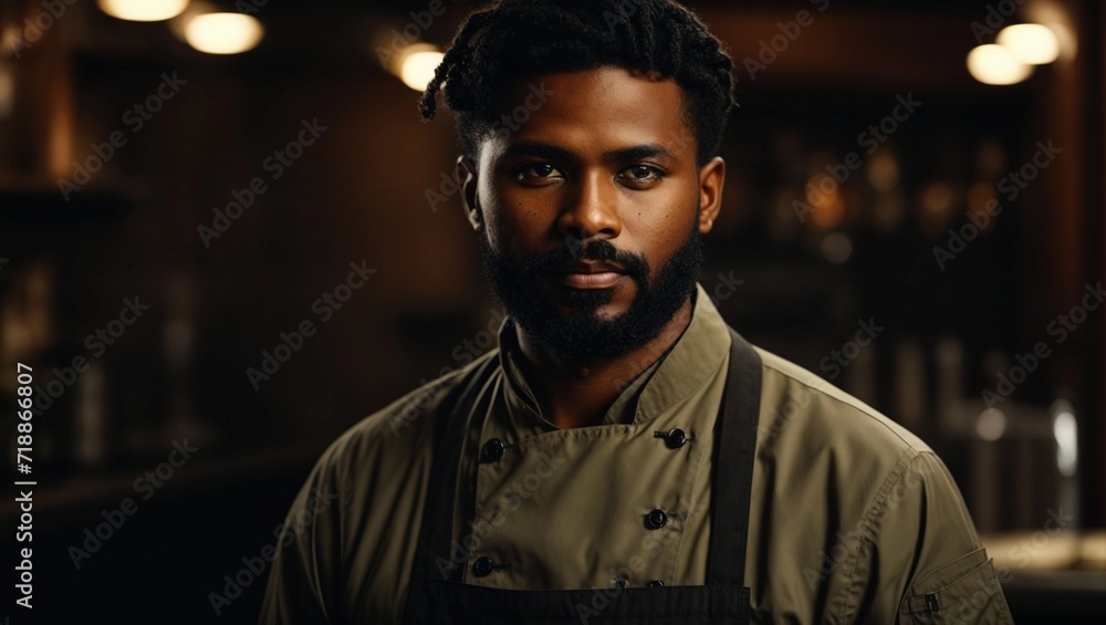 Wall mural chef or waiter young black haired indian  male with beard on uniform in dark background