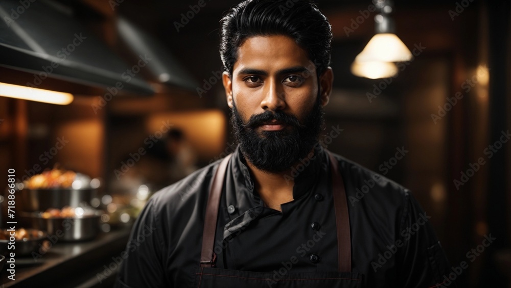 Wall mural chef or waiter young black haired indian  male with beard on uniform in dark background