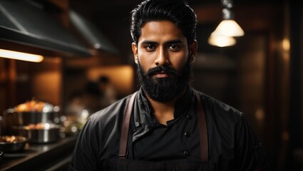 chef or waiter young black haired indian  male with beard on uniform in dark background