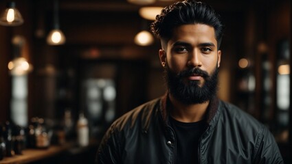 Obraz premium Portrait of young professional black hair male barber with beard on dark background