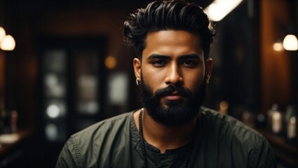 Portrait of young professional black hair male  barber with beard on dark background - obrazy, fototapety, plakaty