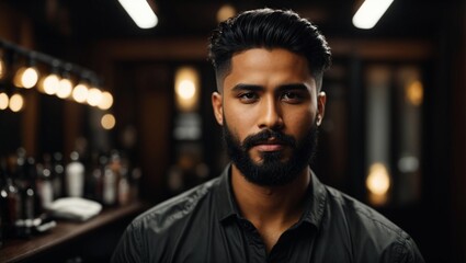 Portrait of young professional black hair male  barber with beard on dark background