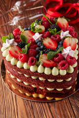 Heart Shaped Red Velvet Cake with Fresh Berries and Cream - 718866868
