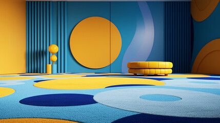 3d render blue and yellow carpet spots interior