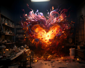 Obraz premium Beautiful fire in the form of a heart on a dark background