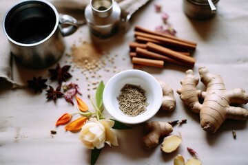 Obraz na płótnie Canvas tabletop with chai ingredients: tea leaves, ginger, and cardamom