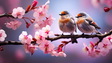 Pair of Birds Perching on Blossoming Sakura Branch, Springtime Harmony with Soft Pink Cherry Blossoms, Idyllic Nature Scene
