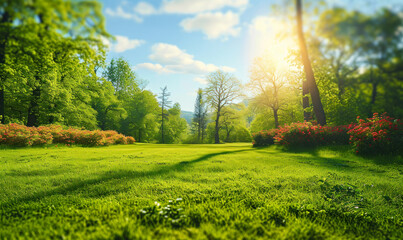 Vibrant spring nature backdrop with a pristine, neatly trimmed lawn and lush trees under a clear blue sky adorned with soft clouds on a sunny day