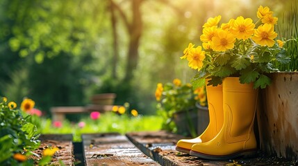 Gardening background with flower pots, yellow boots in sunny spring or summer garden