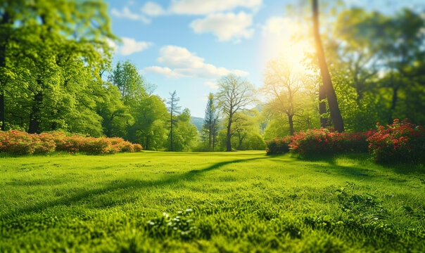 Vibrant spring nature backdrop with a pristine, neatly trimmed lawn and lush trees under a clear blue sky adorned with soft clouds on a sunny day © Bartek