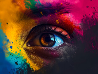 Vibrant Eye with Multicolored Paint Splashes
