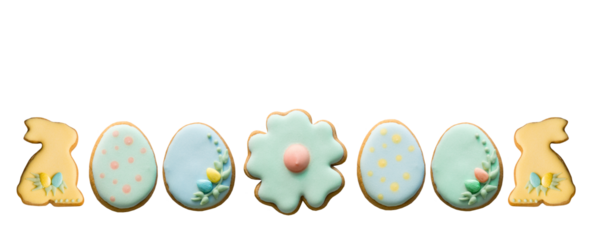 Easter border. Beautiful tasty delicious glazed Easter cookies in the shape of an egg, bunny and flower. PNG isolated on transparent background