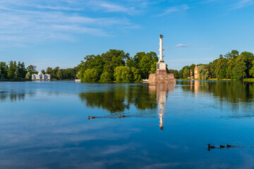 Landscape on the lake in Catherine Park with the Chesme Column, the Grotto Pavilion and the...