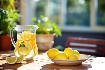 sliced lemons beside a pitcher on a sunny patio table