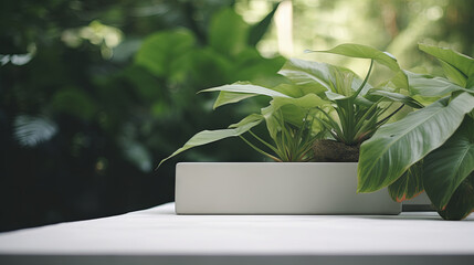 Minimal white podium with green leaves natural background for cosmetic products display, Empty natural platform