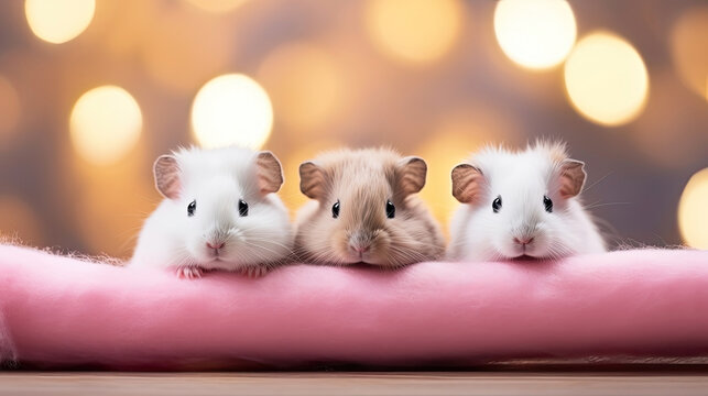 Close-up of three adorable hamsters, focus on their faces, with a bokeh light background.