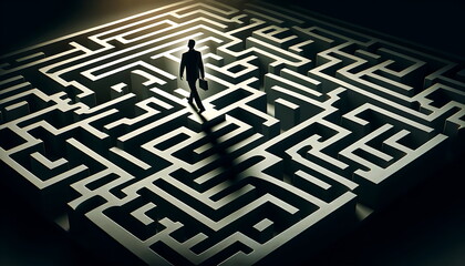 a digital illustration concept art of a businessman walking through a maze, breaking through walls to find a way