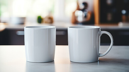 Fototapeta premium White Mug MockUps Coffee Cup on dinning table in kitchen in morning