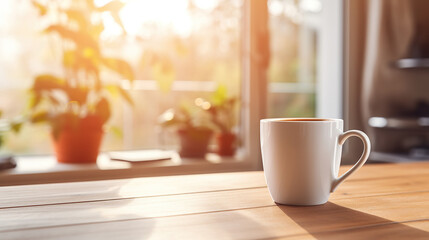 White Mug MockUps Coffee Cup on dinning table in kitchen in morning