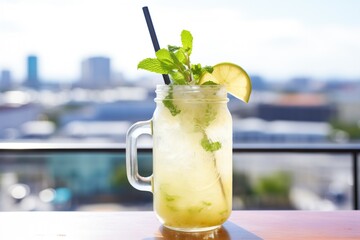 virgin mojito in a mason jar with a handle on a sunny terrace