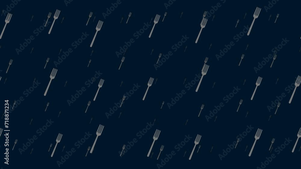 Poster forks float horizontally from left to right. parallax fly effect. floating symbols are located rando