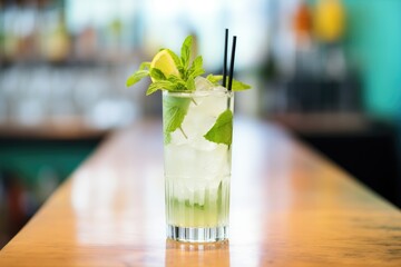 closeup of a clear glass with virgin mojito and mint garnish - obrazy, fototapety, plakaty