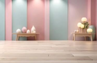 Empty pastel color room with wooden floor for product display