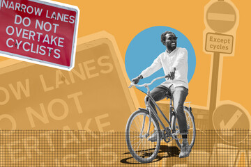 Happy male cyclist riding bicycle across the road sign narrow lanes do not overtake cyclist. Creative design. Art collage