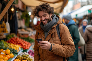 Joyful Smartphone Transaction Amidst Street Market Buzz