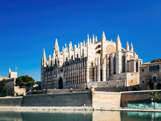 Catedral-Basilica de Santa Maria de Mallorca with large water ptoection canal in front clear blue sky welcome to the peaceful island concept