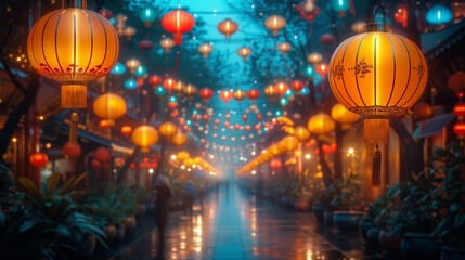 Festive Lantern-Lit Night Bazaar: A Lively Market Aglow with Chinese Charm. Generative AI.