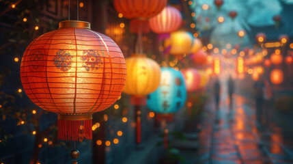 Naklejka premium Cultural Delight: Night Market Decor with Traditional Chinese Lanterns. Generative AI.