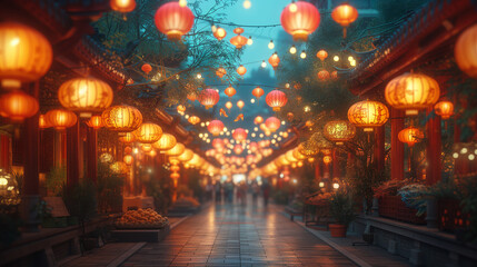 Fototapeta na wymiar Vibrant Night Market Bustle: Colorful Chinese Lanterns Illuminating the Scene. Generative AI.