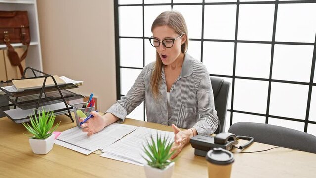 Shocked and afraid! young business woman's amazed expression as she sits in office, her face a picture of surprise, excitement, and fear. astonishment in the workplace.