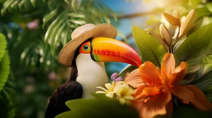 Garden poster Toucan Hello summer. Super cute toucan in blossoming forest. AI generated image