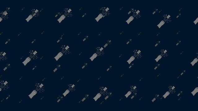 Champagne opening symbols float horizontally from left to right. Parallax fly effect. Floating symbols are located randomly. Seamless looped 4k animation on dark blue background
