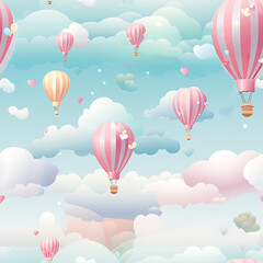 Obraz premium Dreamy Skies: Seamless Pattern with Whimsical Pastel Hot Air Balloons and Clouds