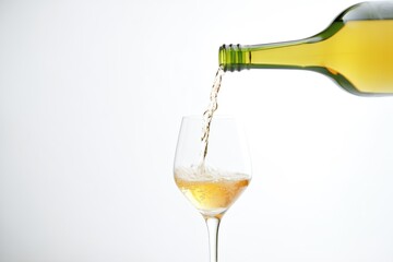 closeup of white wine pour, clear bottle, white background