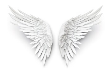 A pair of white fairy wings with soft feathers on a white background. generative AI - obrazy, fototapety, plakaty