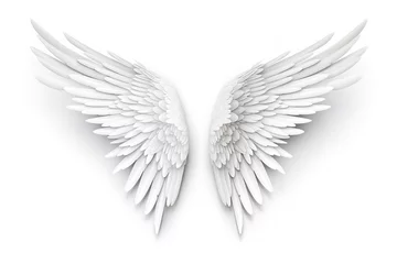 Foto op Canvas A pair of white fairy wings with soft feathers on a white background. generative AI © original logo